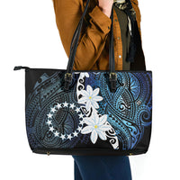 Cook Islands Maori Language Week Leather Tote Bag Tiare Maori Kuki Airani Blue Pattern LT22 - Polynesian Pride