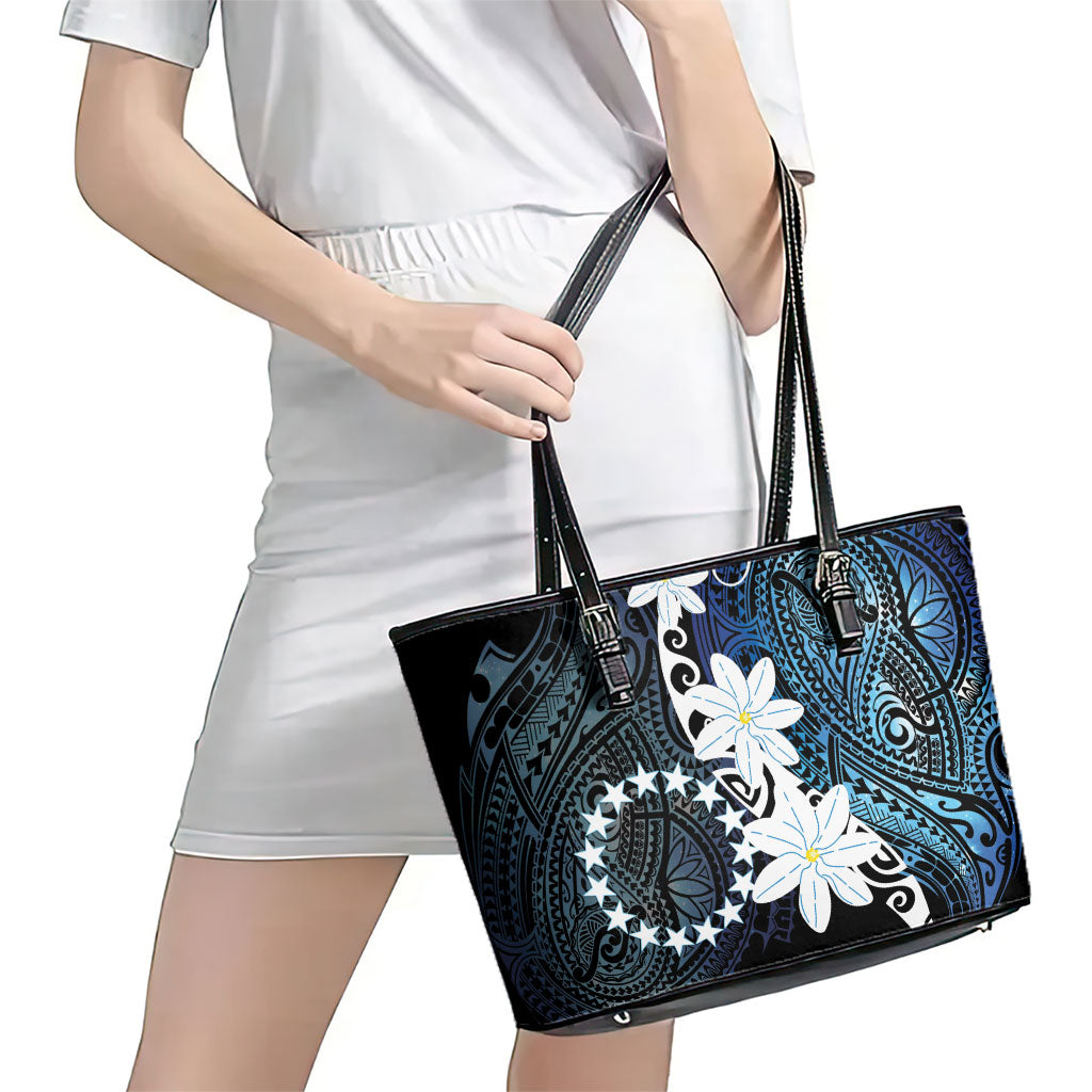 Cook Islands Maori Language Week Leather Tote Bag Tiare Maori Kuki Airani Blue Pattern LT22 - Polynesian Pride