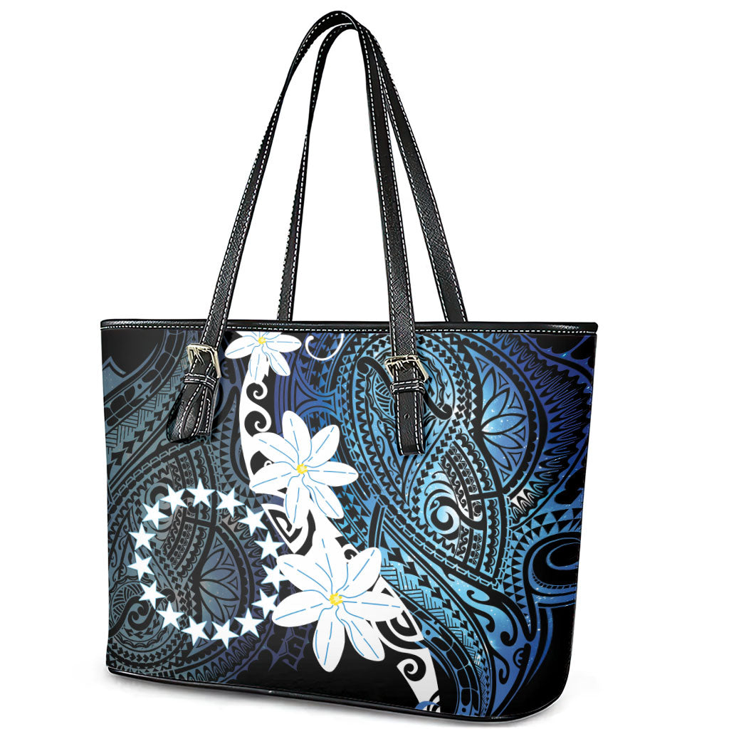 Cook Islands Maori Language Week Leather Tote Bag Tiare Maori Kuki Airani Blue Pattern LT22 - Polynesian Pride