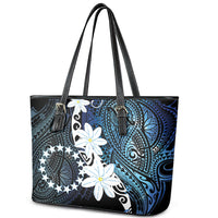 Cook Islands Maori Language Week Leather Tote Bag Tiare Maori Kuki Airani Blue Pattern LT22 - Polynesian Pride