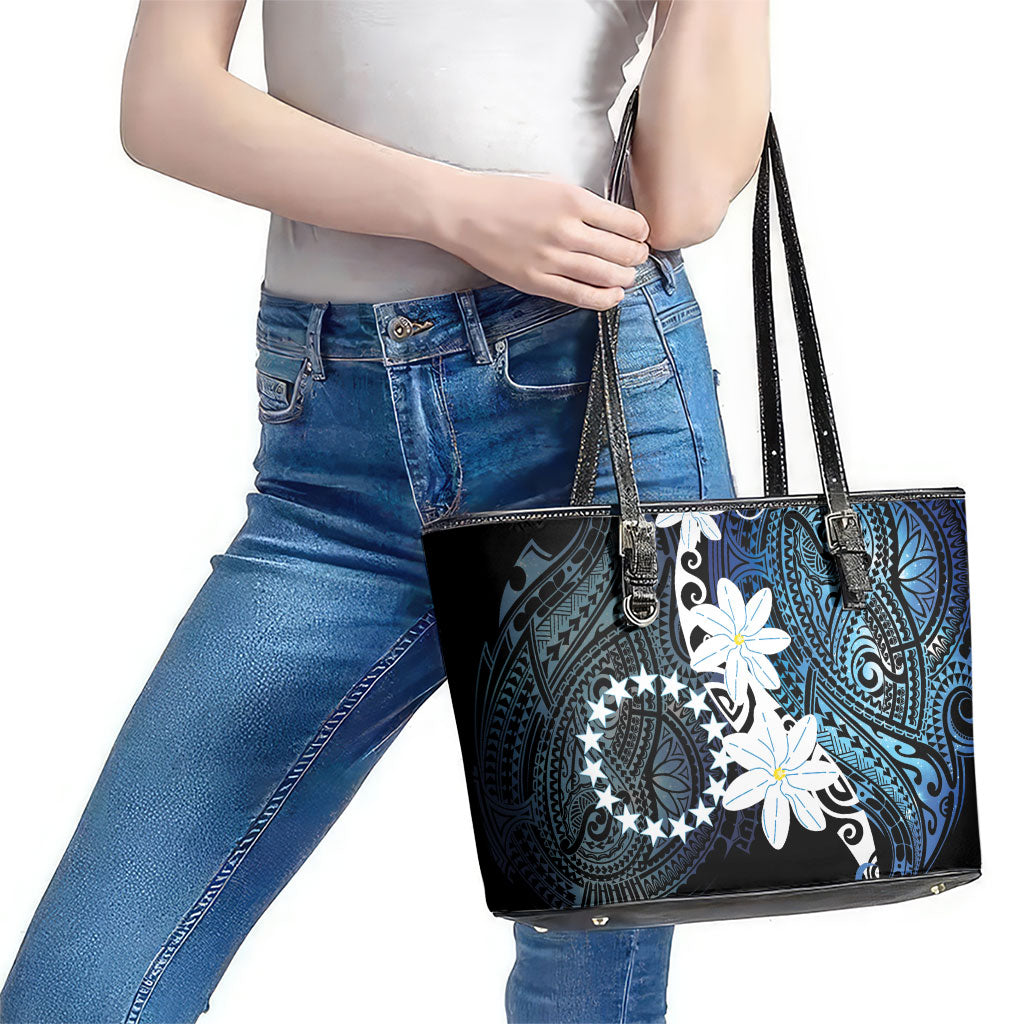 Cook Islands Maori Language Week Leather Tote Bag Tiare Maori Kuki Airani Blue Pattern LT22 - Polynesian Pride