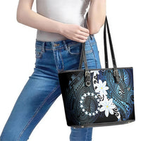 Cook Islands Maori Language Week Leather Tote Bag Tiare Maori Kuki Airani Blue Pattern LT22 - Polynesian Pride