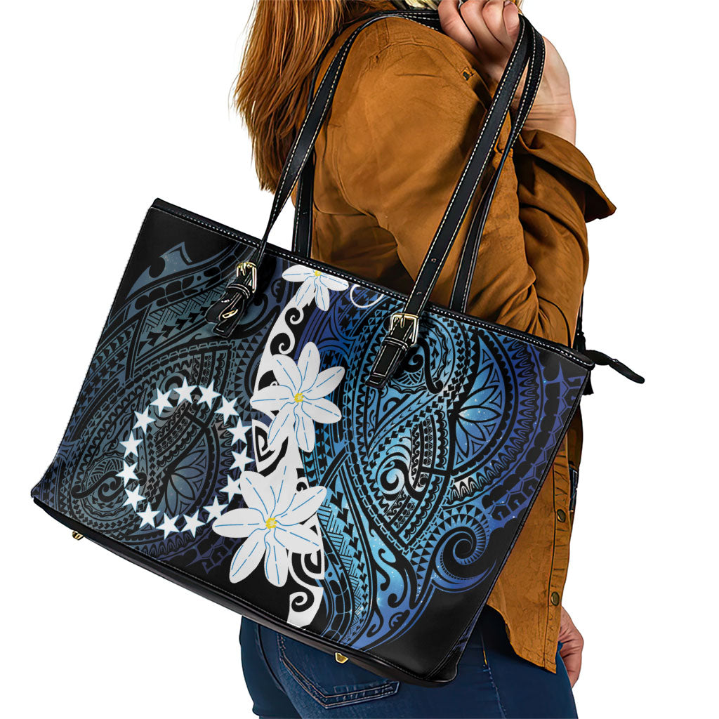 Cook Islands Maori Language Week Leather Tote Bag Tiare Maori Kuki Airani Blue Pattern LT22 - Polynesian Pride