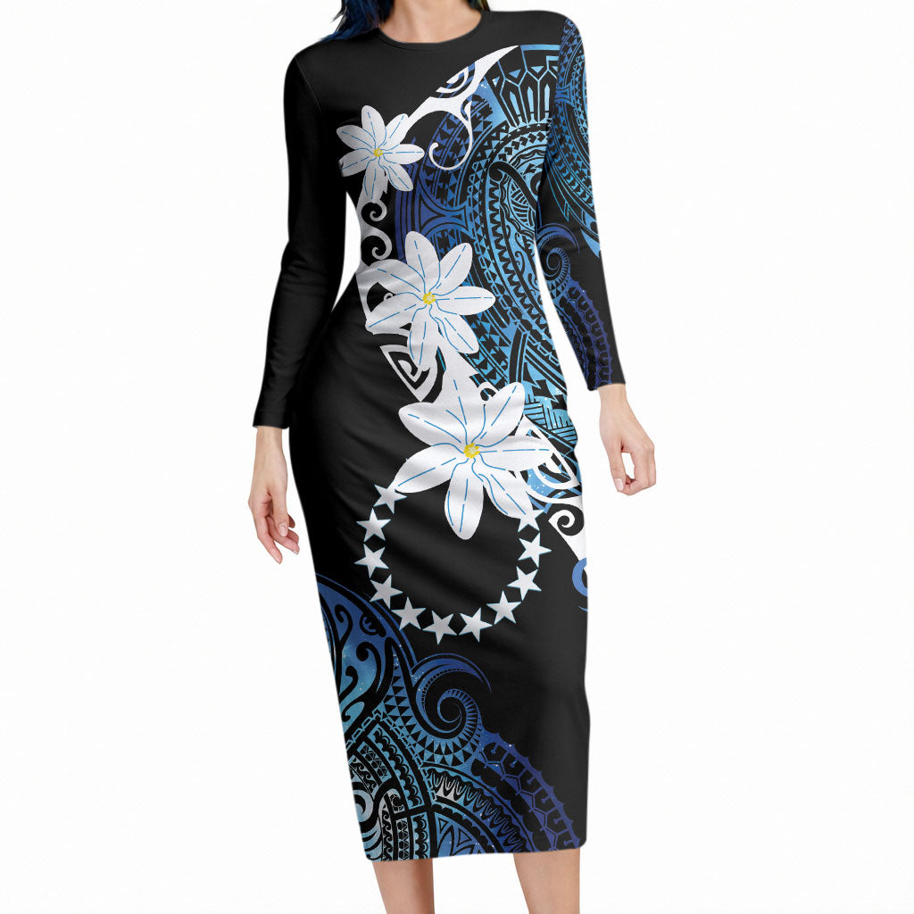 Cook Islands Maori Language Week Long Sleeve Bodycon Dress Tiare Maori Kuki Airani Blue Pattern LT22 Long Dress Blue - Polynesian Pride