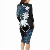 Cook Islands Maori Language Week Long Sleeve Bodycon Dress Tiare Maori Kuki Airani Blue Pattern LT22 - Polynesian Pride