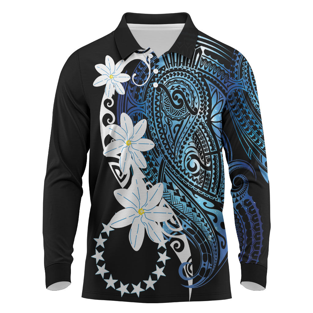 Cook Islands Maori Language Week Long Sleeve Polo Shirt Tiare Maori Kuki Airani Blue Pattern LT22 Blue - Polynesian Pride