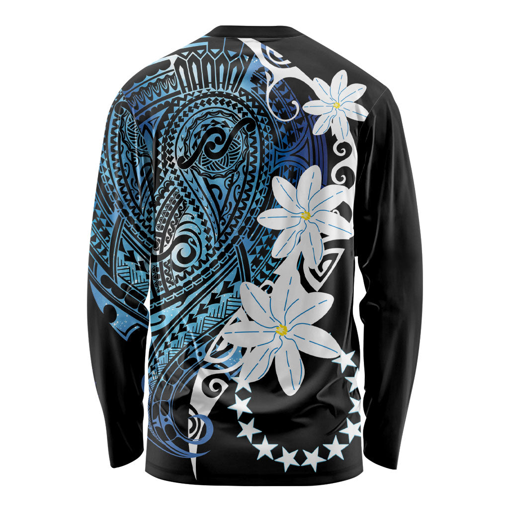 Cook Islands Maori Language Week Long Sleeve Shirt Tiare Maori Kuki Airani Blue Pattern LT22 - Polynesian Pride