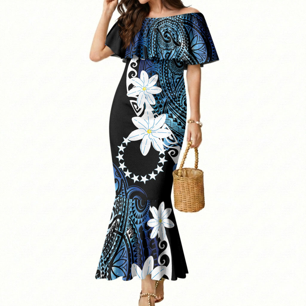 Cook Islands Maori Language Week Mermaid Dress Tiare Maori Kuki Airani Blue Pattern LT22 Women Blue - Polynesian Pride
