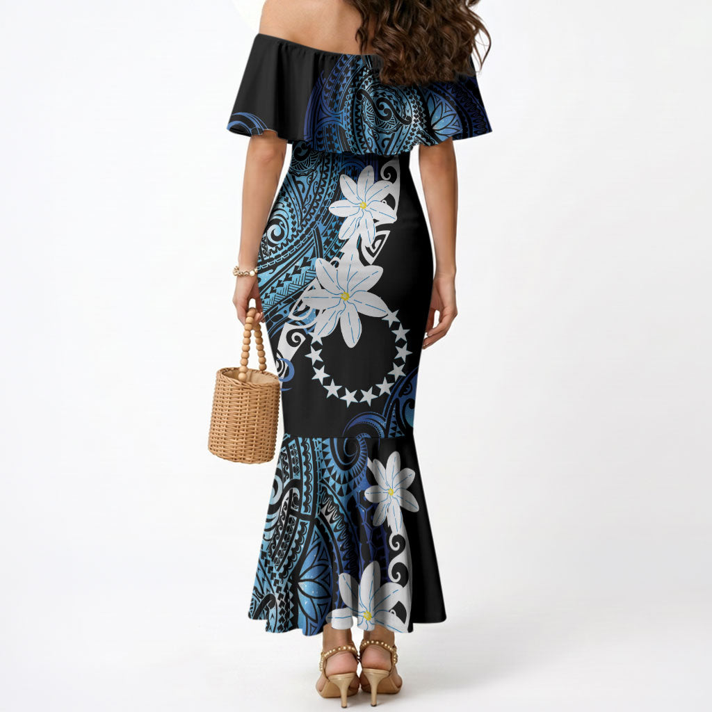 Cook Islands Maori Language Week Mermaid Dress Tiare Maori Kuki Airani Blue Pattern LT22 - Polynesian Pride