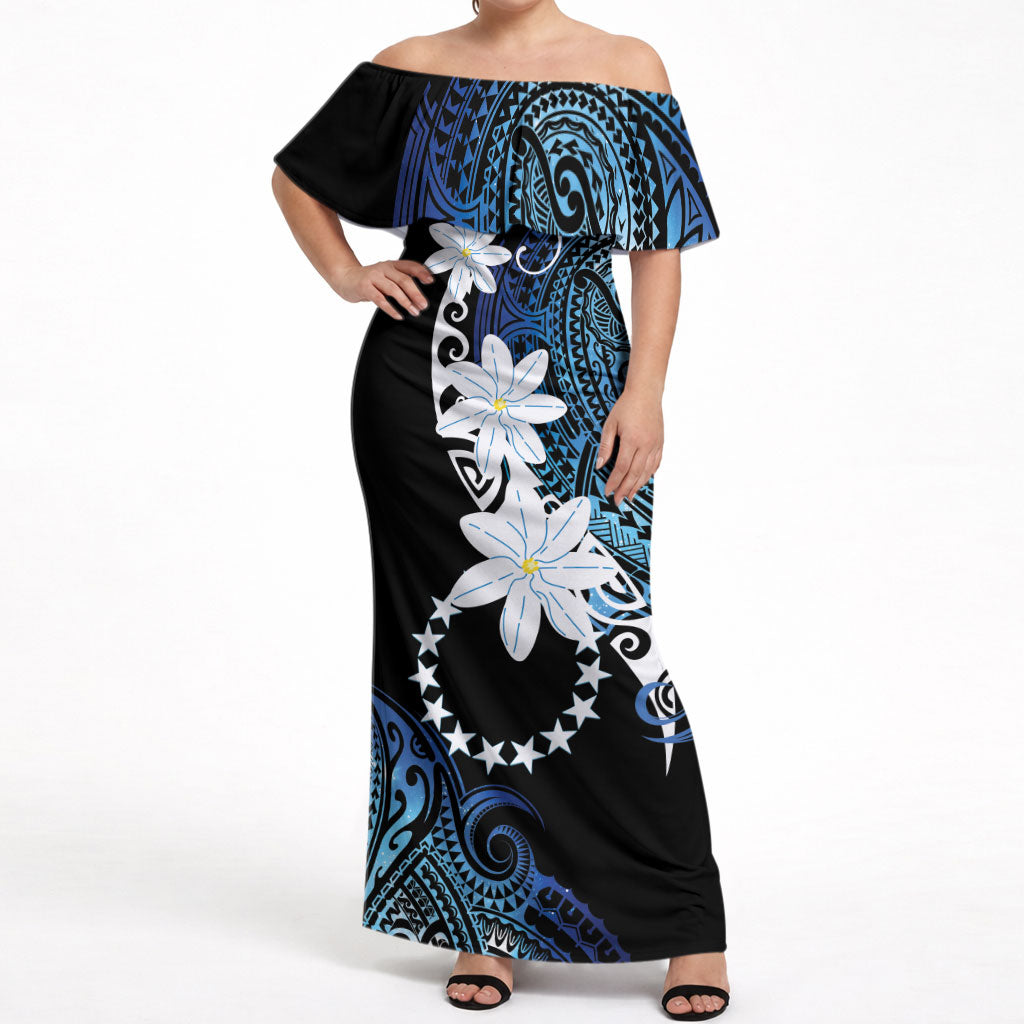 Cook Islands Maori Language Week Off Shoulder Maxi Dress Tiare Maori Kuki Airani Blue Pattern LT22 Women Blue - Polynesian Pride