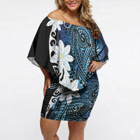 Cook Islands Maori Language Week Off Shoulder Short Dress Tiare Maori Kuki Airani Blue Pattern LT22 Women Blue - Polynesian Pride