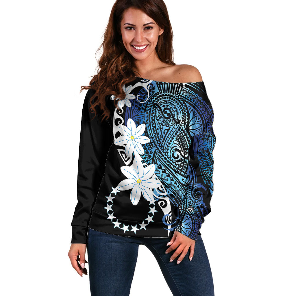 Cook Islands Maori Language Week Off Shoulder Sweater Tiare Maori Kuki Airani Blue Pattern LT22 Women Blue - Polynesian Pride