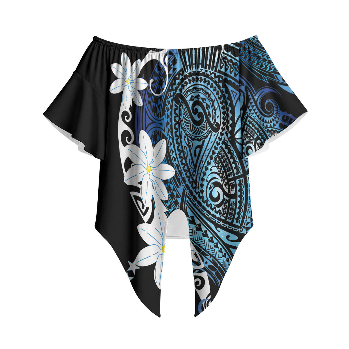 Cook Islands Maori Language Week Off Shoulder Wrap Waist Top Tiare Maori Kuki Airani Blue Pattern LT22 Blue - Polynesian Pride