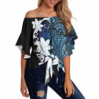 Cook Islands Maori Language Week Off Shoulder Wrap Waist Top Tiare Maori Kuki Airani Blue Pattern LT22 - Polynesian Pride