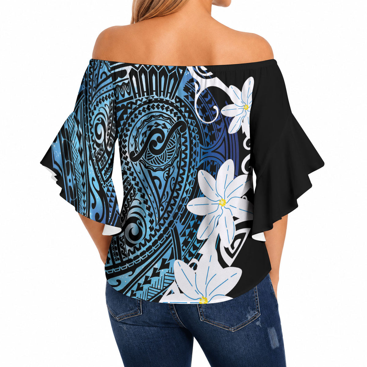 Cook Islands Maori Language Week Off Shoulder Wrap Waist Top Tiare Maori Kuki Airani Blue Pattern LT22 - Polynesian Pride