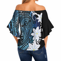 Cook Islands Maori Language Week Off Shoulder Wrap Waist Top Tiare Maori Kuki Airani Blue Pattern LT22 - Polynesian Pride