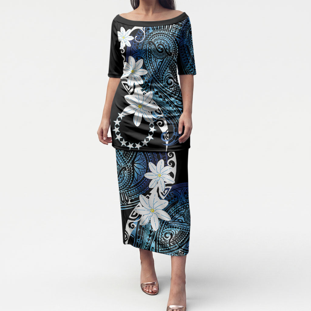Cook Islands Maori Language Week Puletasi Tiare Maori Kuki Airani Blue Pattern LT22 Long Dress Blue - Polynesian Pride