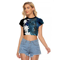 Cook Islands Maori Language Week Raglan Cropped T Shirt Tiare Maori Kuki Airani Blue Pattern LT22 Female Blue - Polynesian Pride