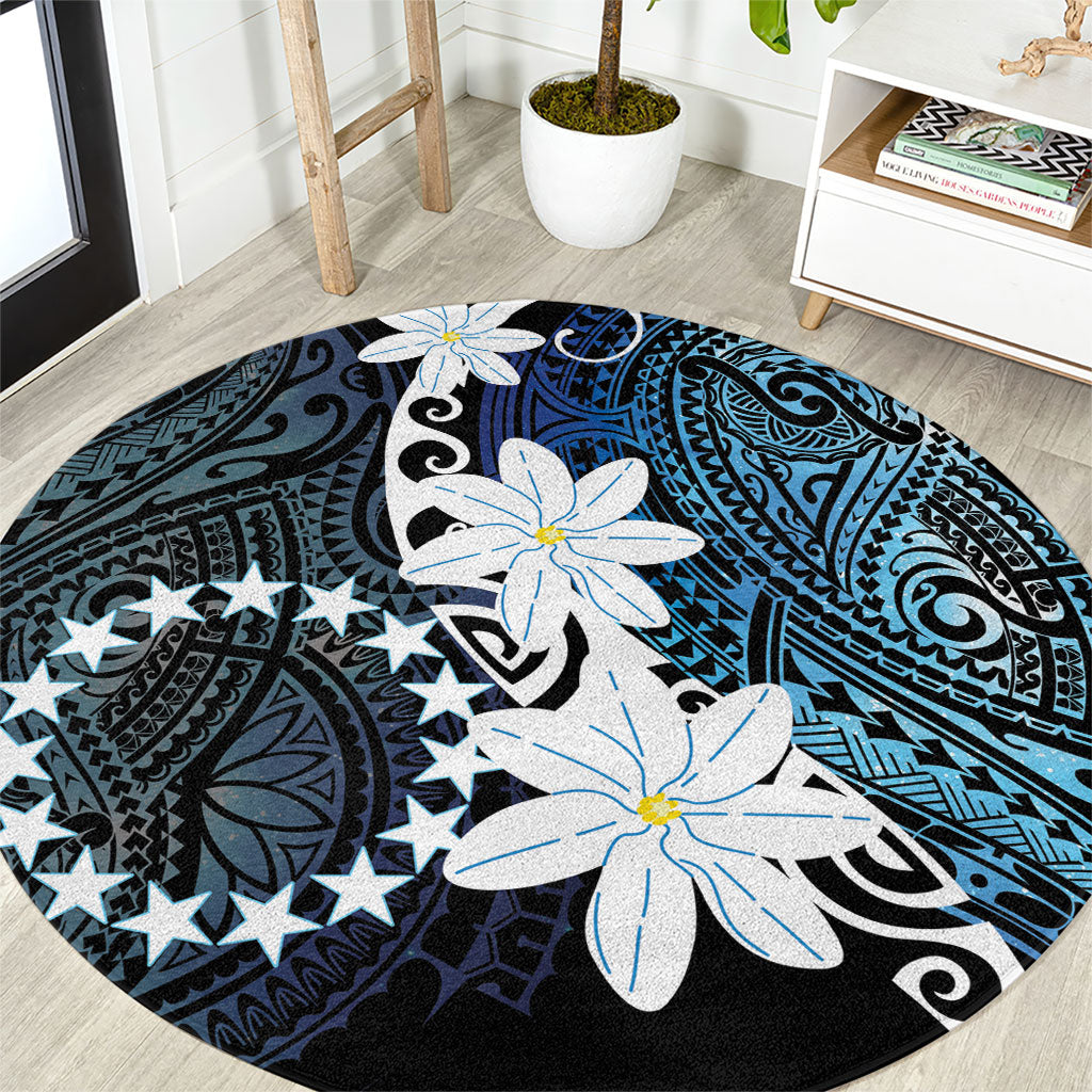 Cook Islands Maori Language Week Round Carpet Tiare Maori Kuki Airani Blue Pattern LT22 Blue - Polynesian Pride