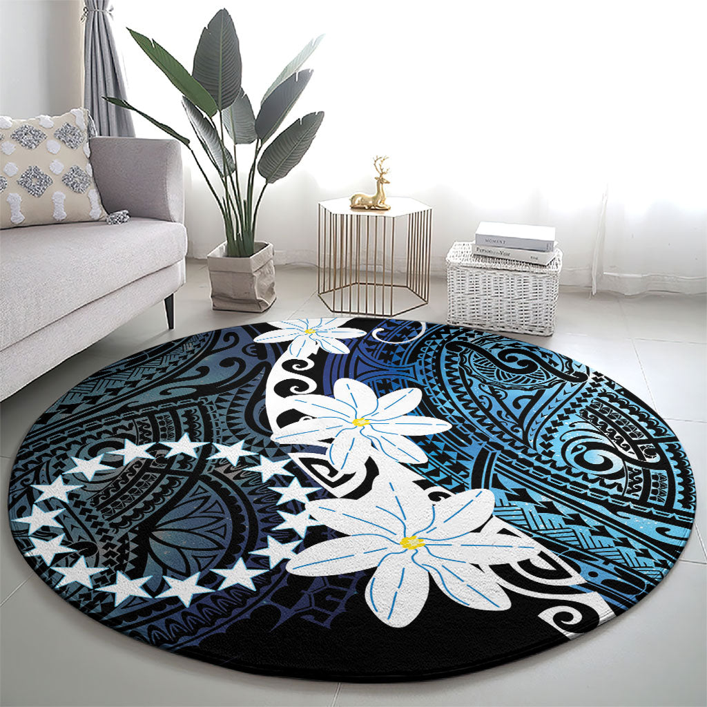Cook Islands Maori Language Week Round Carpet Tiare Maori Kuki Airani Blue Pattern LT22 - Polynesian Pride