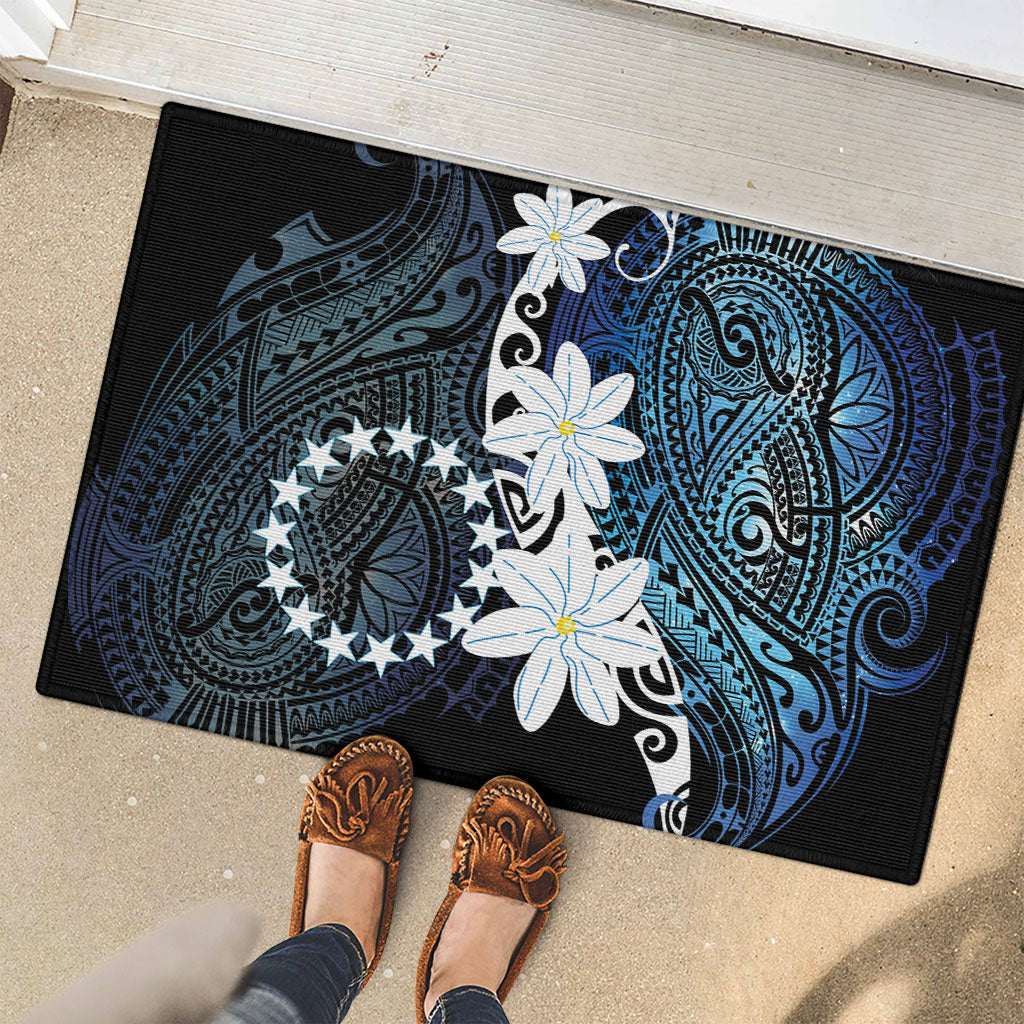 Cook Islands Maori Language Week Rubber Doormat Tiare Maori Kuki Airani Blue Pattern LT22 - Polynesian Pride