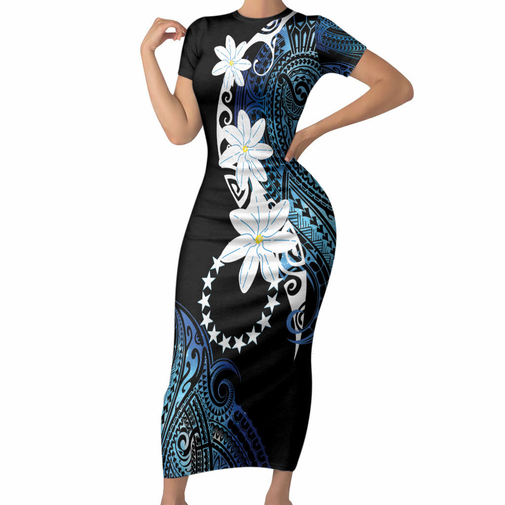 Cook Islands Maori Language Week Short Sleeve Bodycon Dress Tiare Maori Kuki Airani Blue Pattern LT22 Long Dress Blue - Polynesian Pride