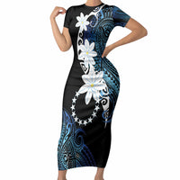 Cook Islands Maori Language Week Short Sleeve Bodycon Dress Tiare Maori Kuki Airani Blue Pattern LT22 Long Dress Blue - Polynesian Pride