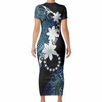 Cook Islands Maori Language Week Short Sleeve Bodycon Dress Tiare Maori Kuki Airani Blue Pattern LT22 - Polynesian Pride