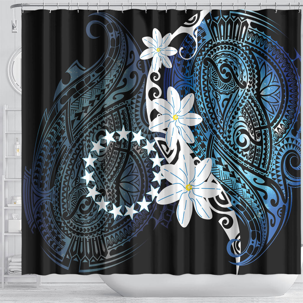 Cook Islands Maori Language Week Shower Curtain Tiare Maori Kuki Airani Blue Pattern LT22 - Polynesian Pride