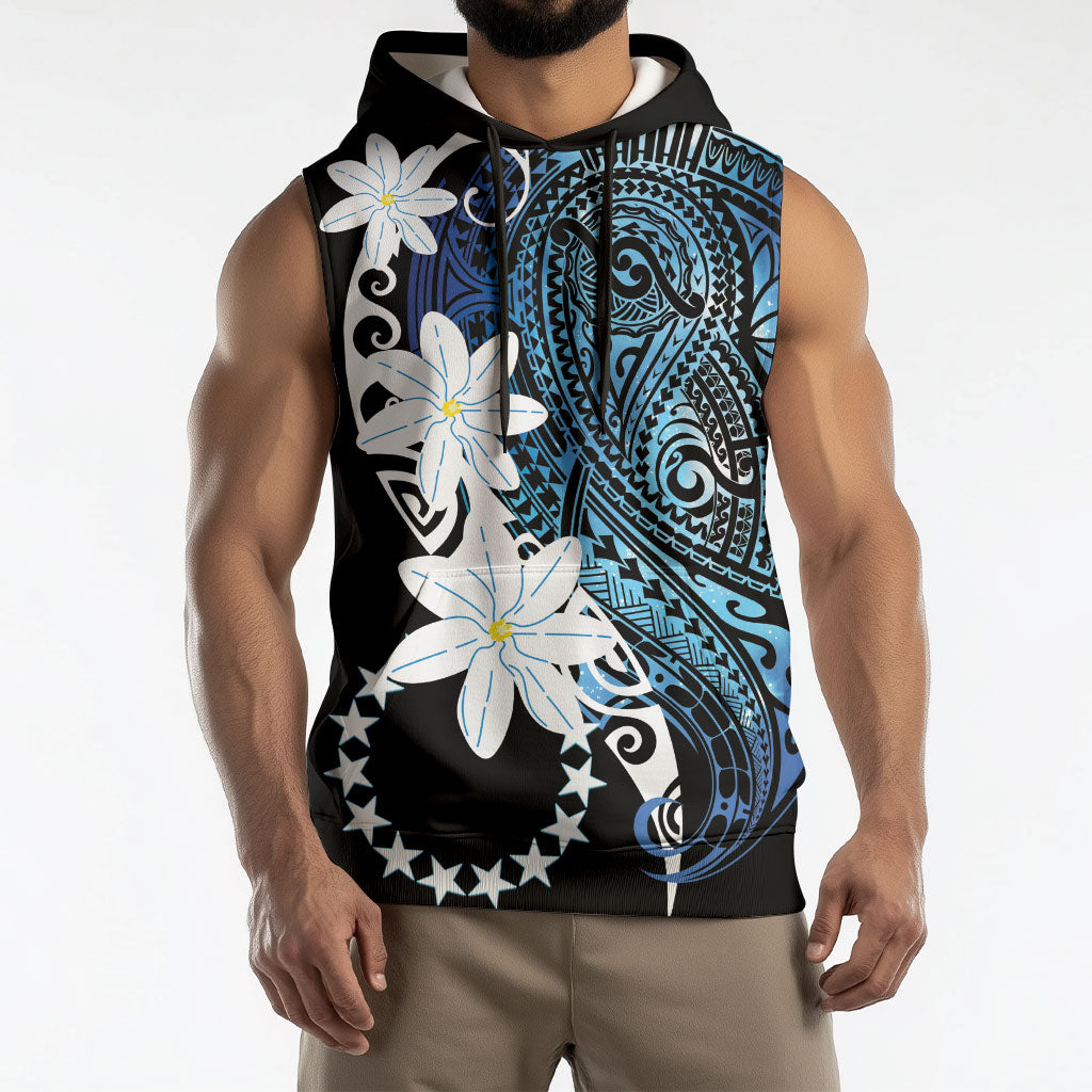 Cook Islands Maori Language Week Sleeveless Hoodie Tiare Maori Kuki Airani Blue Pattern LT22 - Polynesian Pride