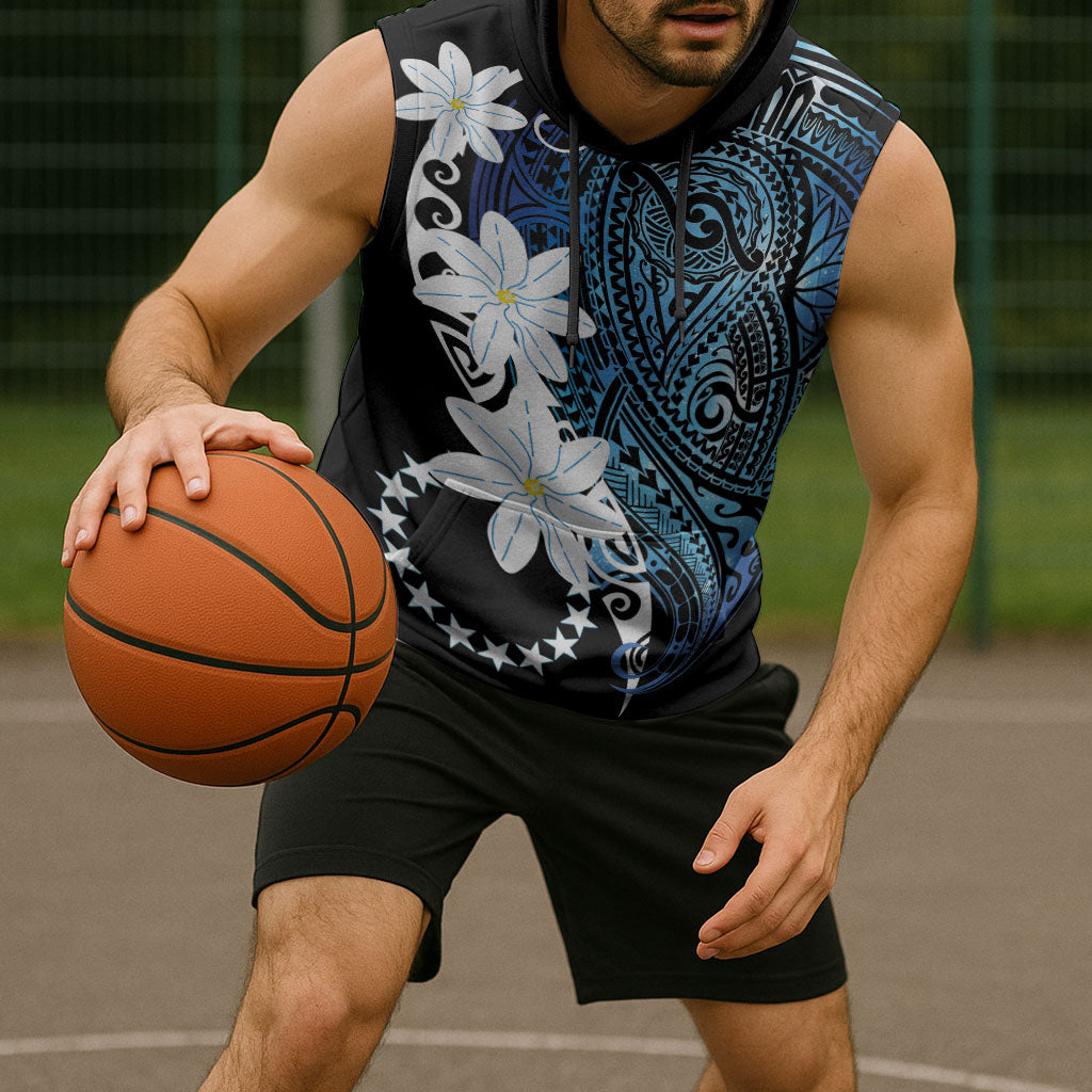 Cook Islands Maori Language Week Sleeveless Hoodie Tiare Maori Kuki Airani Blue Pattern LT22 - Polynesian Pride