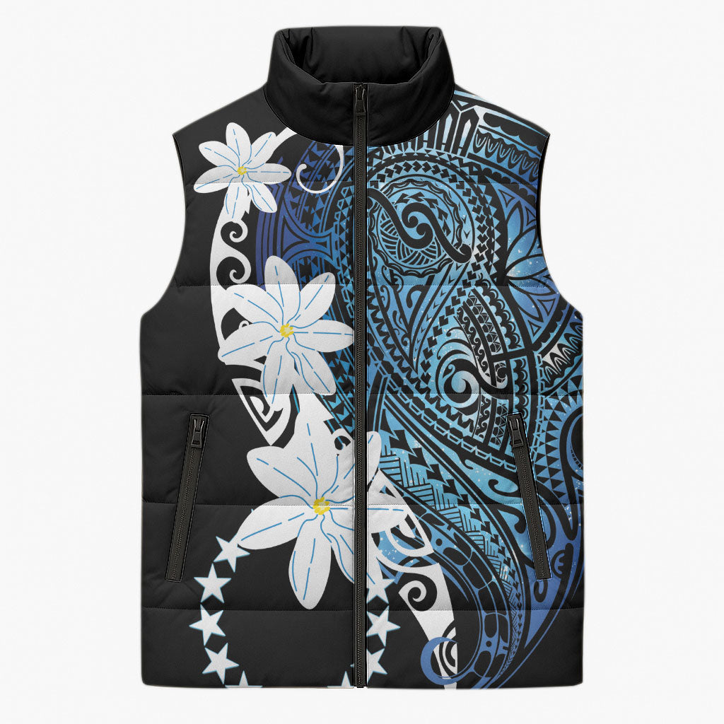 Cook Islands Maori Language Week Sleeveless Puffer Jacket Tiare Maori Kuki Airani Blue Pattern LT22 Unisex Blue - Polynesian Pride