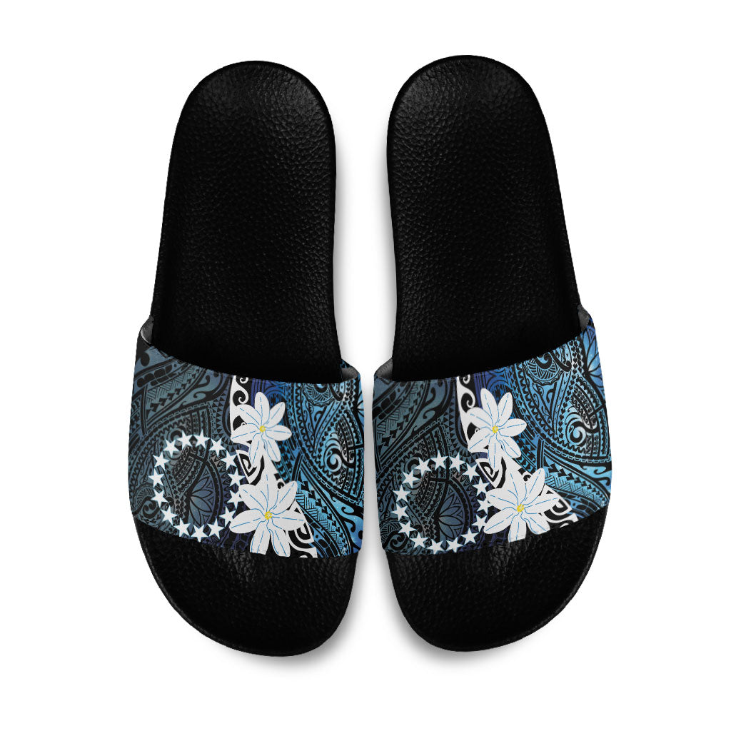 Cook Islands Maori Language Week Slide Sandals Tiare Maori Kuki Airani Blue Pattern LT22 Blue - Polynesian Pride