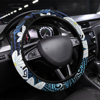 Cook Islands Maori Language Week Steering Wheel Cover Tiare Maori Kuki Airani Blue Pattern LT22 Universal Fit Blue - Polynesian Pride