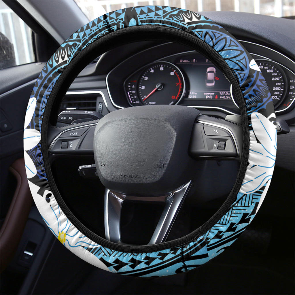 Cook Islands Maori Language Week Steering Wheel Cover Tiare Maori Kuki Airani Blue Pattern LT22 - Polynesian Pride