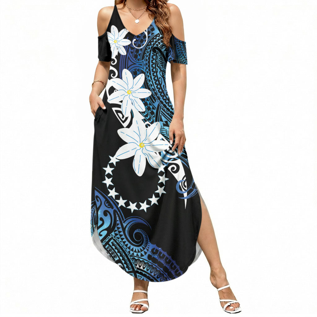Cook Islands Maori Language Week Summer Maxi Dress Tiare Maori Kuki Airani Blue Pattern LT22 Women Blue - Polynesian Pride