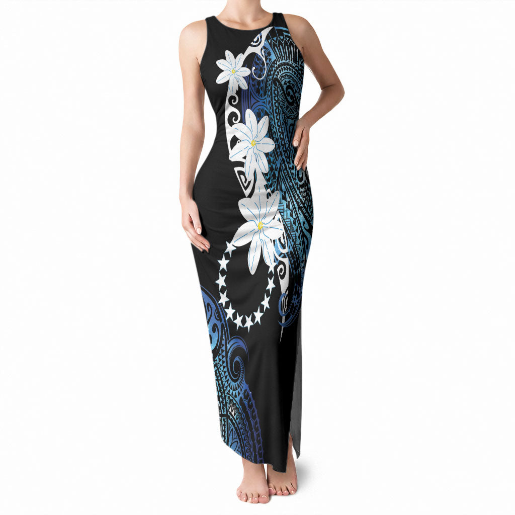 Cook Islands Maori Language Week Tank Maxi Dress Tiare Maori Kuki Airani Blue Pattern LT22 Women Blue - Polynesian Pride