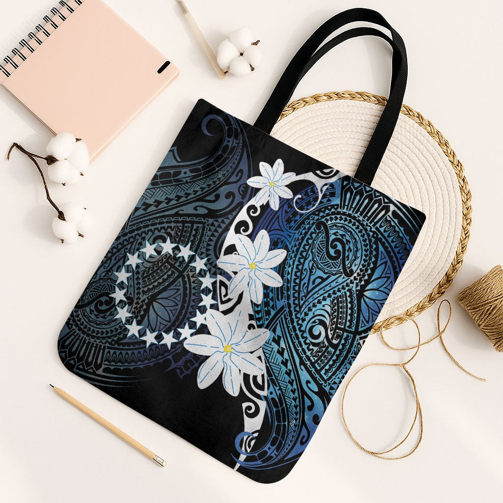 Cook Islands Maori Language Week Tote Bag Tiare Maori Kuki Airani Blue Pattern LT22 Black Strap One Size Blue - Polynesian Pride