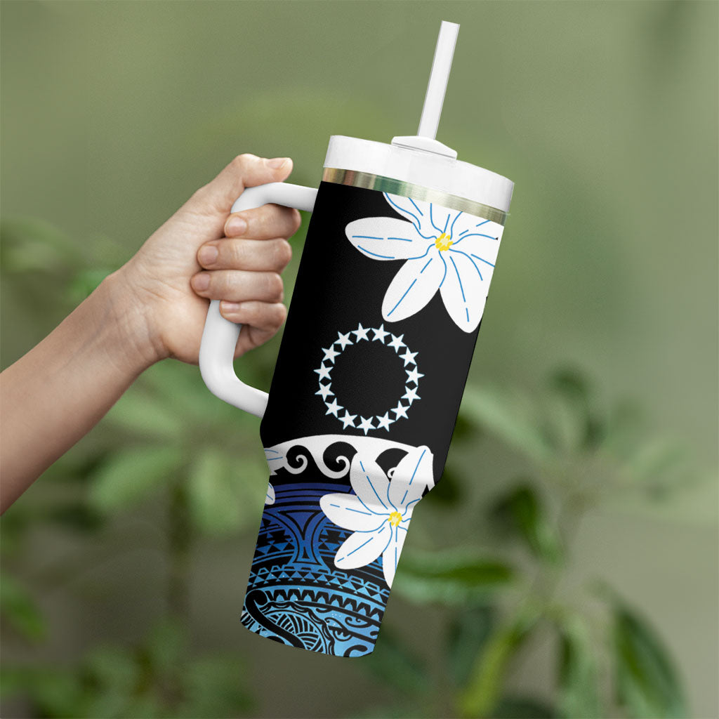 Cook Islands Maori Language Week Tumbler With Handle Tiare Maori Kuki Airani Blue Pattern LT22 - Polynesian Pride