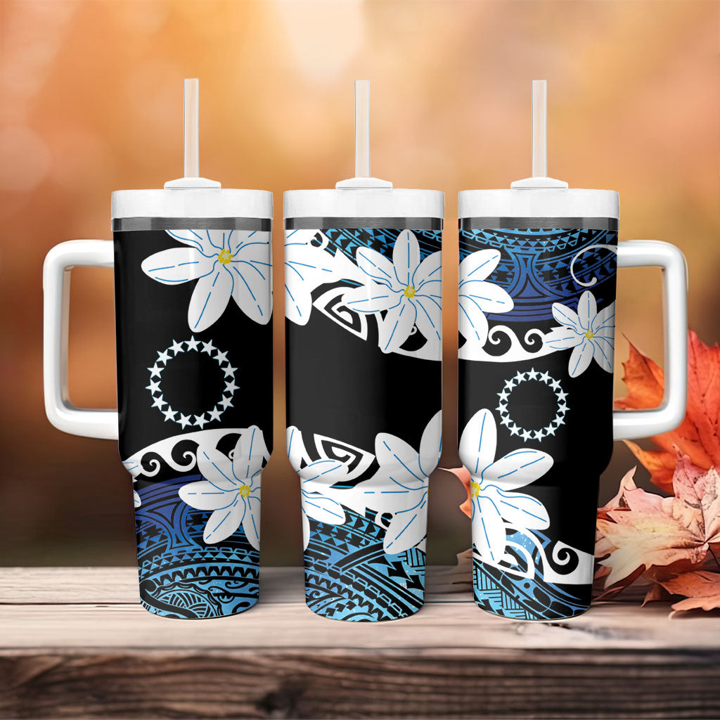 Cook Islands Maori Language Week Tumbler With Handle Tiare Maori Kuki Airani Blue Pattern LT22 - Polynesian Pride