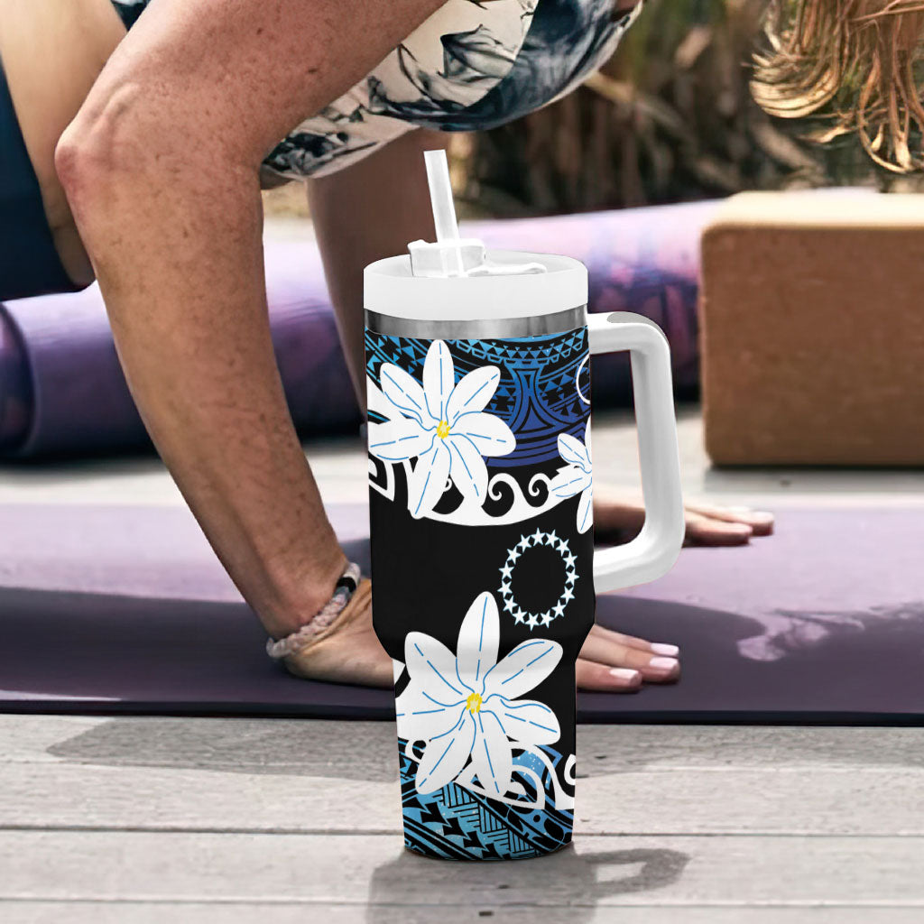 Cook Islands Maori Language Week Tumbler With Handle Tiare Maori Kuki Airani Blue Pattern LT22 - Polynesian Pride