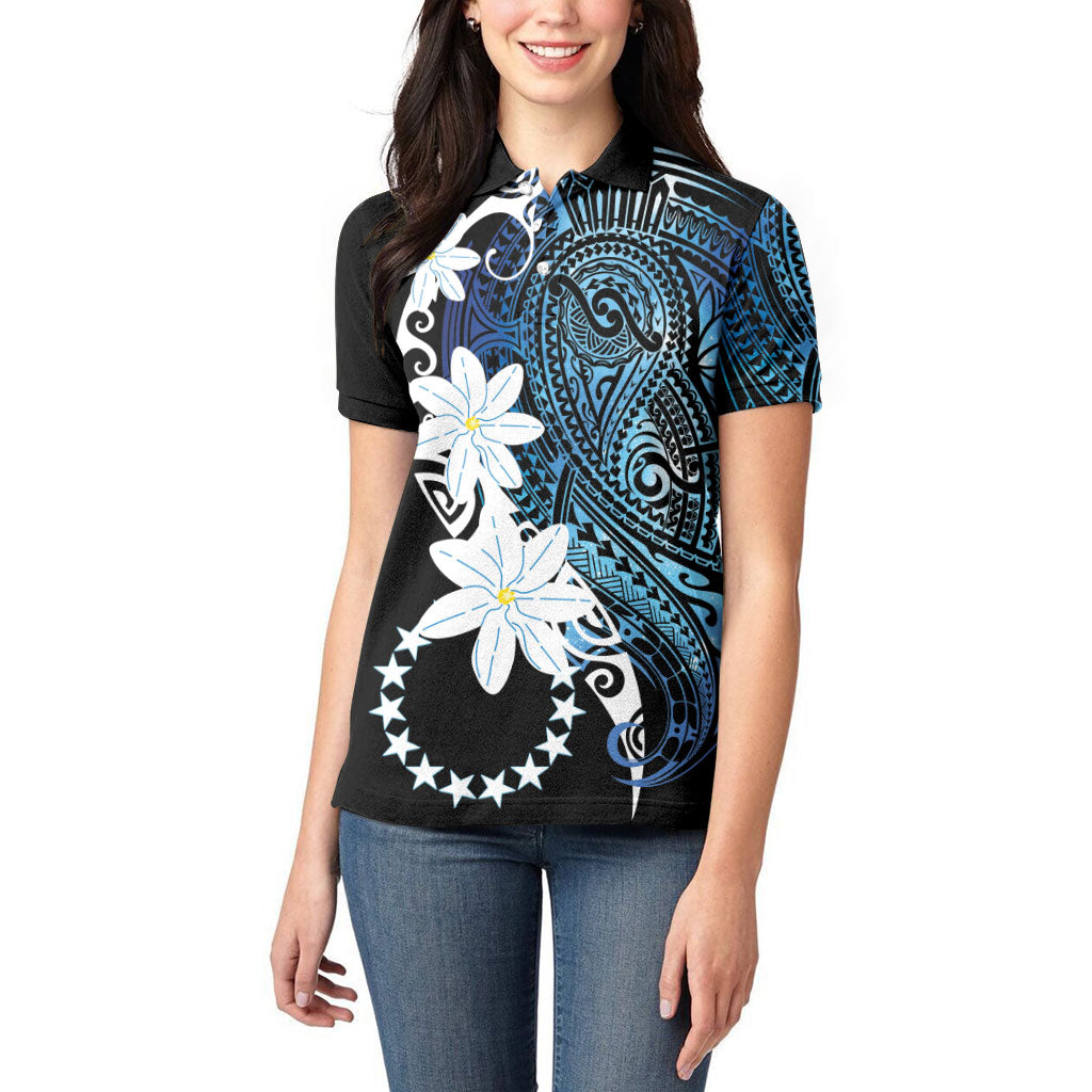 Cook Islands Maori Language Week Women Polo Shirt Tiare Maori Kuki Airani Blue Pattern LT22 - Polynesian Pride