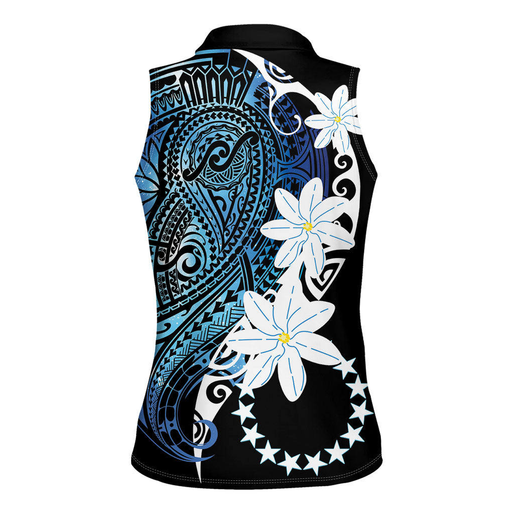 Cook Islands Maori Language Week Women Sleeveless Polo Shirt Tiare Maori Kuki Airani Blue Pattern LT22 - Polynesian Pride