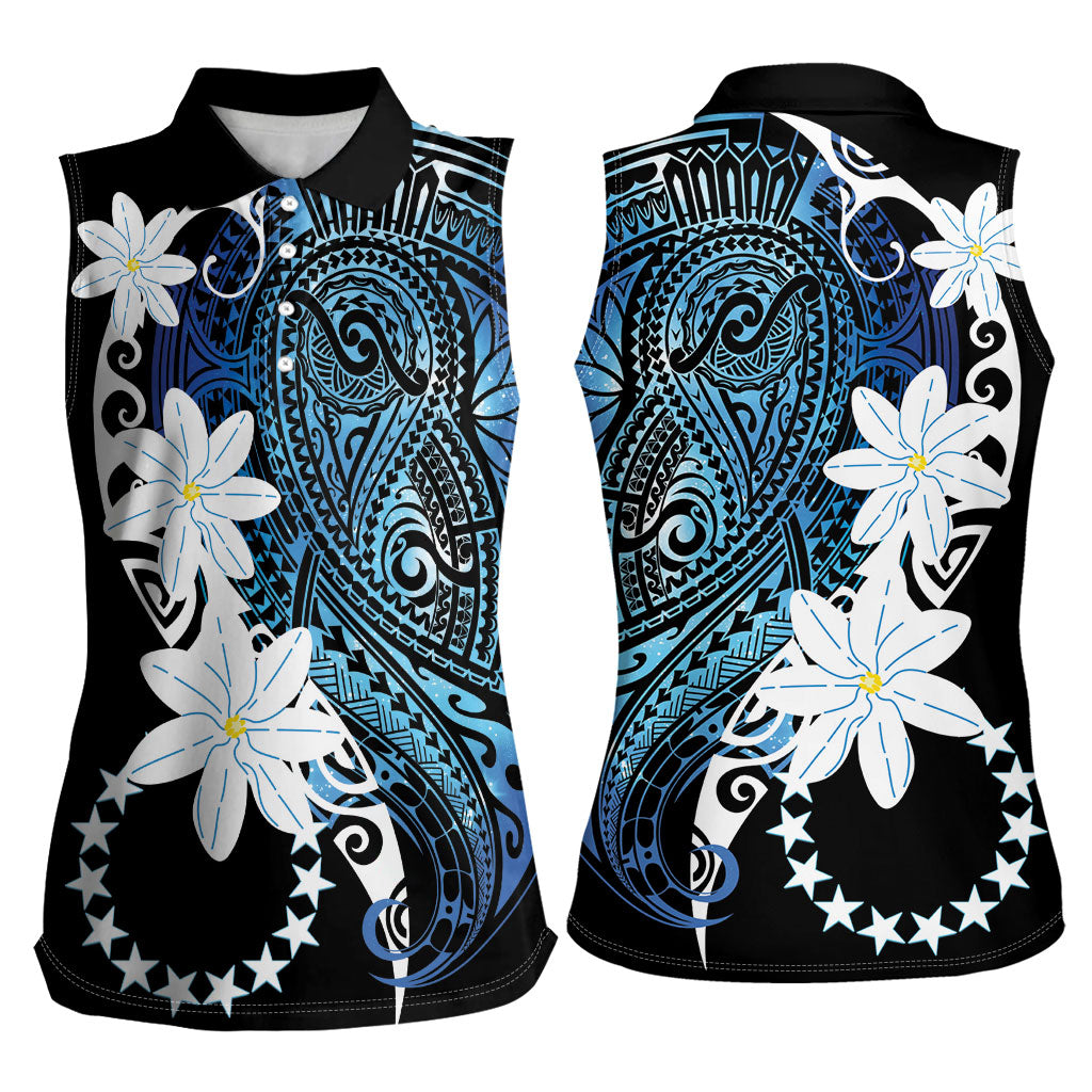 Cook Islands Maori Language Week Women Sleeveless Polo Shirt Tiare Maori Kuki Airani Blue Pattern LT22 - Polynesian Pride