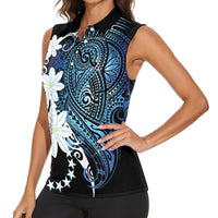 Cook Islands Maori Language Week Women Sleeveless Polo Shirt Tiare Maori Kuki Airani Blue Pattern LT22 - Polynesian Pride