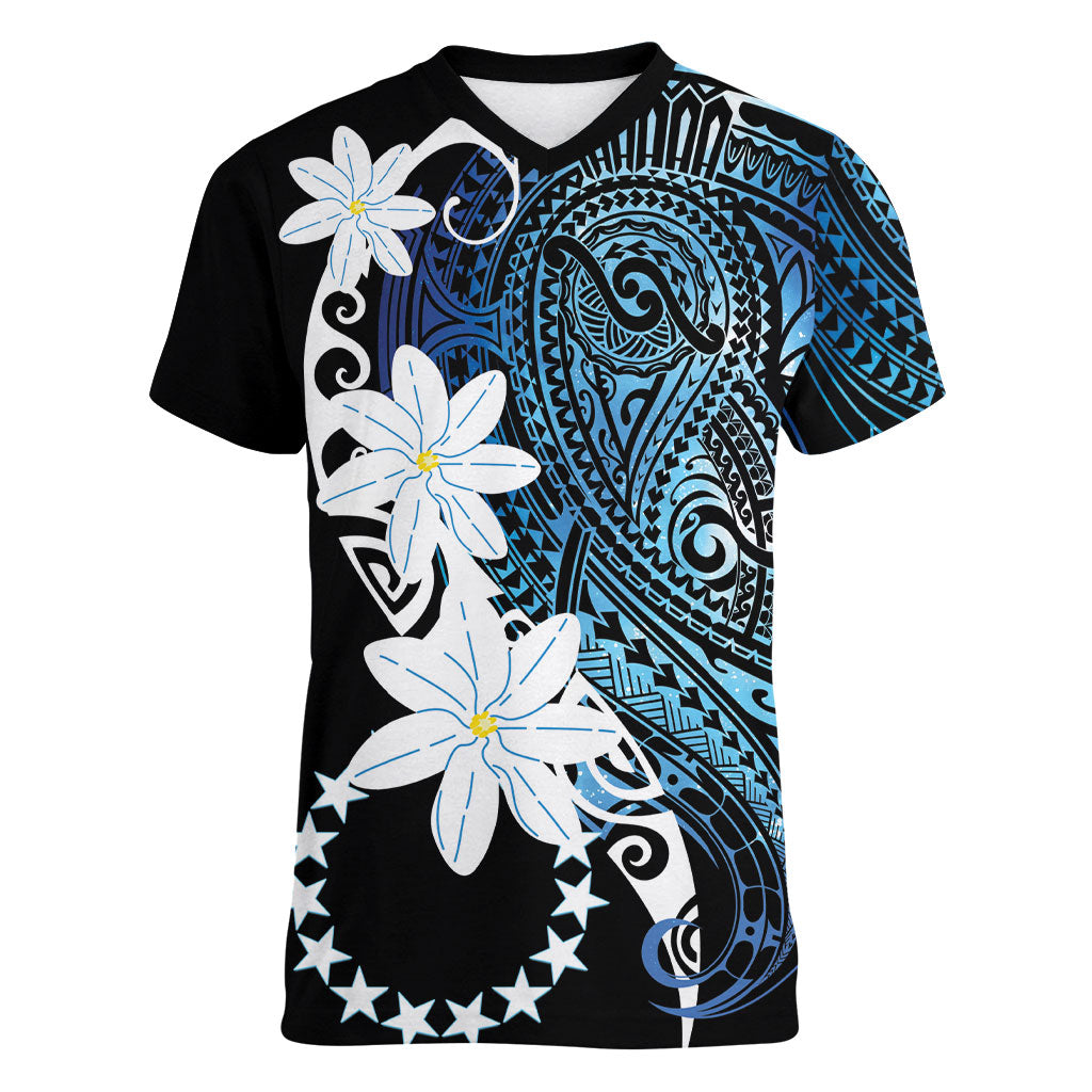 Cook Islands Maori Language Week Women V-Neck T-Shirt Tiare Maori Kuki Airani Blue Pattern LT22 Female Blue - Polynesian Pride