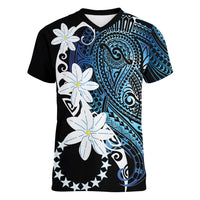Cook Islands Maori Language Week Women V-Neck T-Shirt Tiare Maori Kuki Airani Blue Pattern LT22 Female Blue - Polynesian Pride