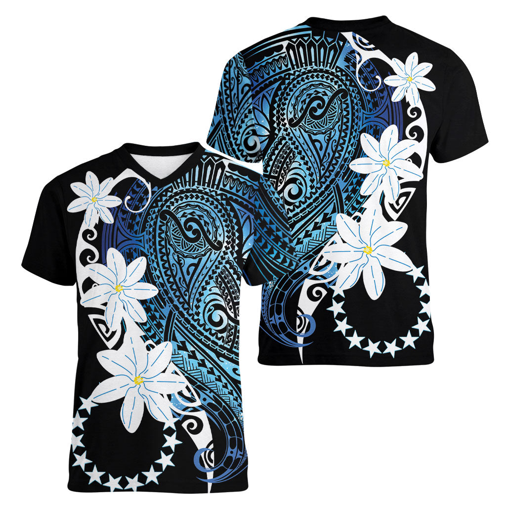 Cook Islands Maori Language Week Women V-Neck T-Shirt Tiare Maori Kuki Airani Blue Pattern LT22 - Polynesian Pride