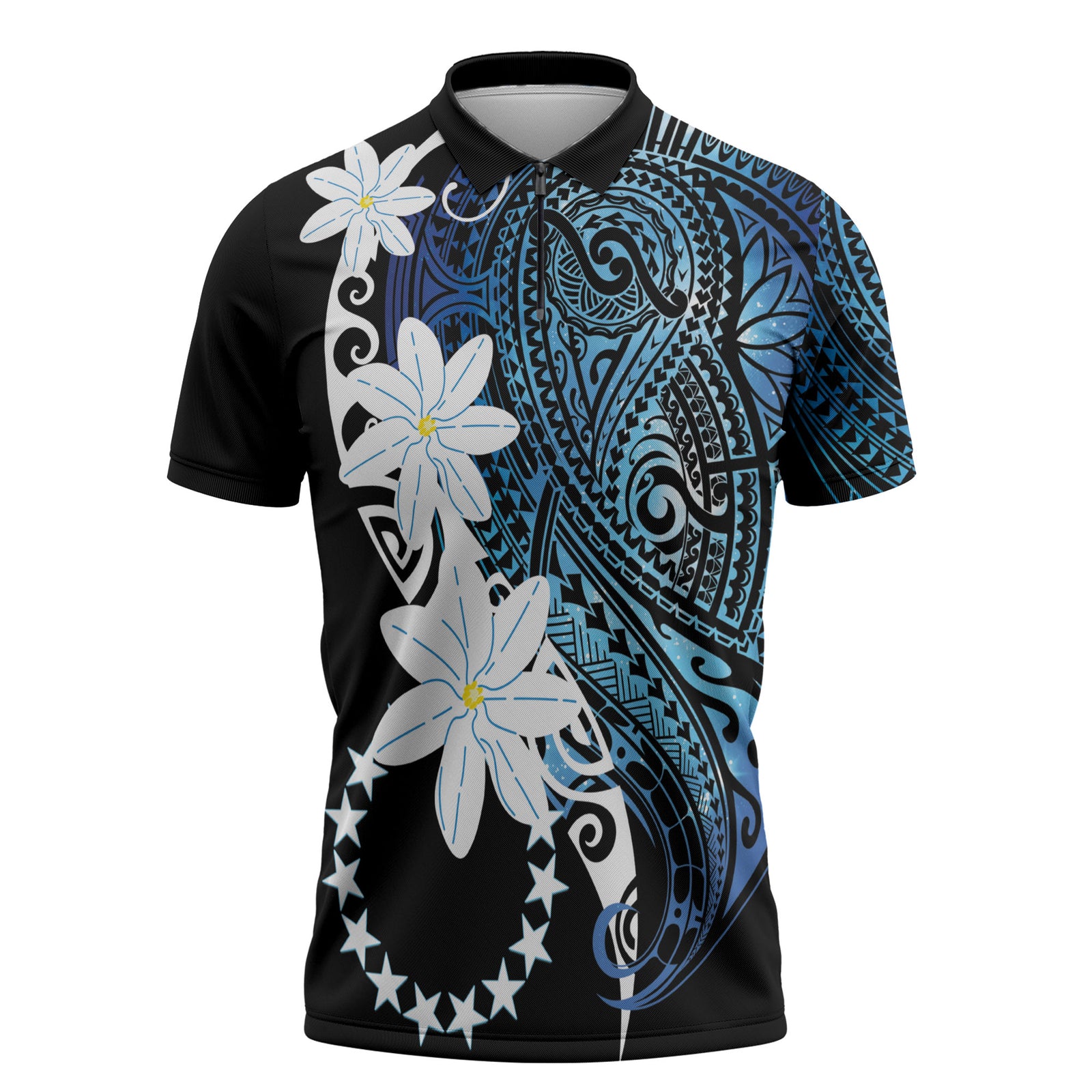 Cook Islands Maori Language Week Zipper Polo Shirt Tiare Maori Kuki Airani Blue Pattern LT22 Blue - Polynesian Pride