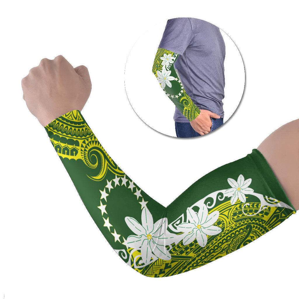 Cook Islands Maori Language Week Arm Sleeves Tiare Maori Kuki Airani Green Pattern LT22 Set of 2 Green - Polynesian Pride